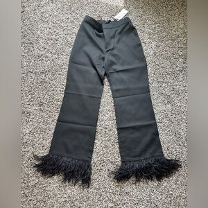 Black Flared Pants with Feather Fringe Hem